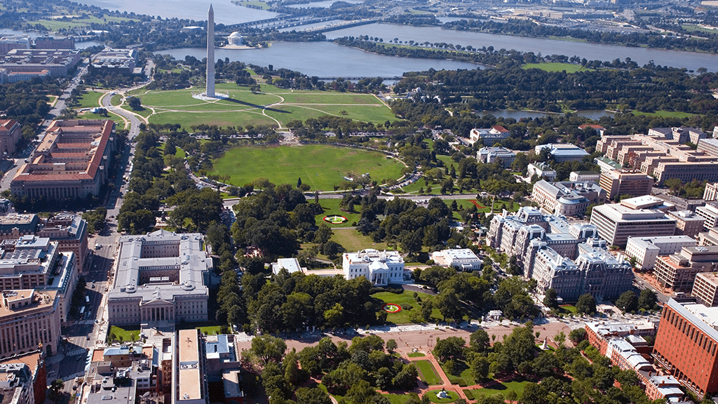 Aerial view of The Ellipse in Washington DC with NSDAR HQ on the right